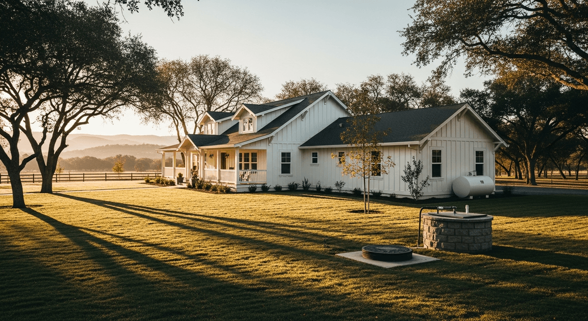 Well-maintained craftsman home on a rural property at golden hour with visible well infrastructure