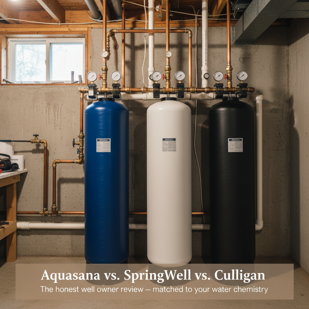 Three whole house water filtration systems side by side in a utility room with pressure gauges and copper plumbing