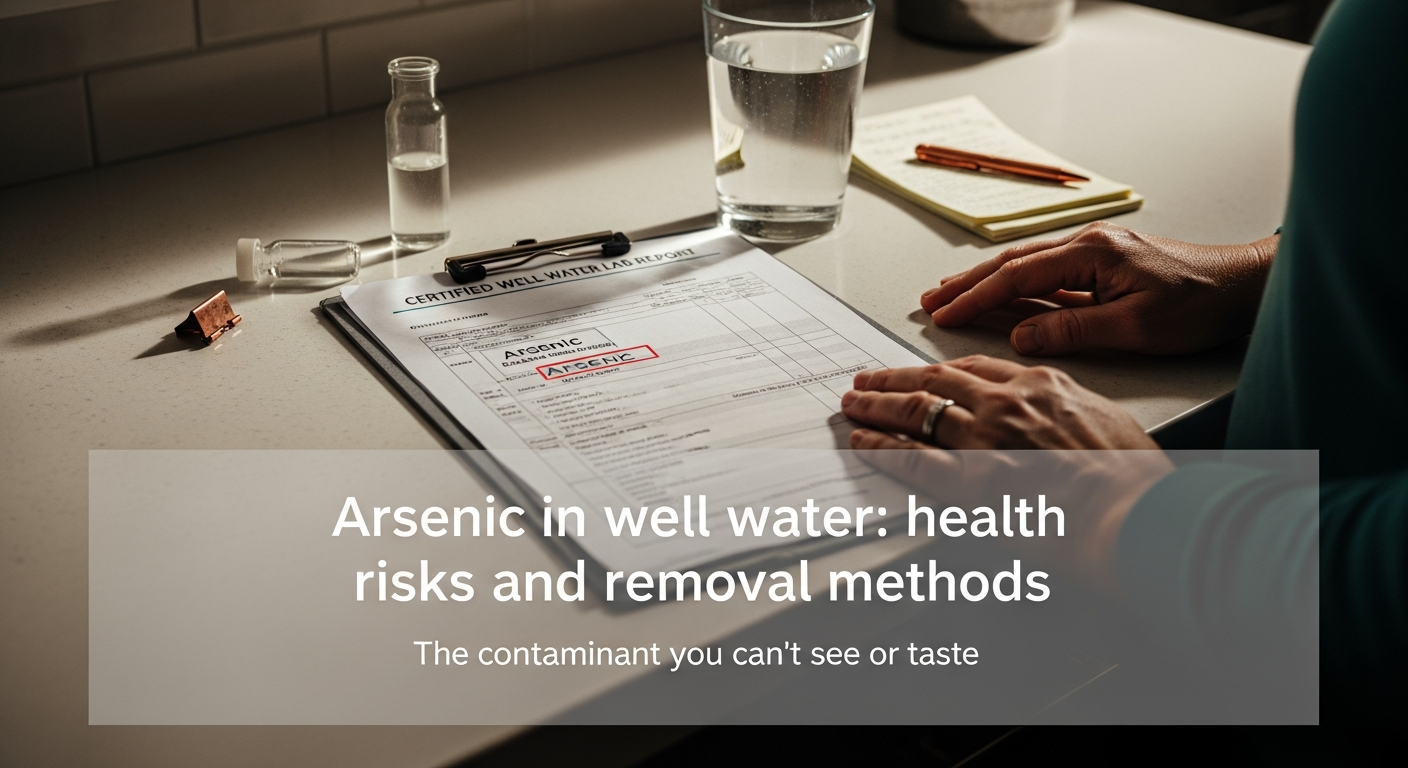 Water test report showing elevated arsenic beside a glass of clear well water on a kitchen counter