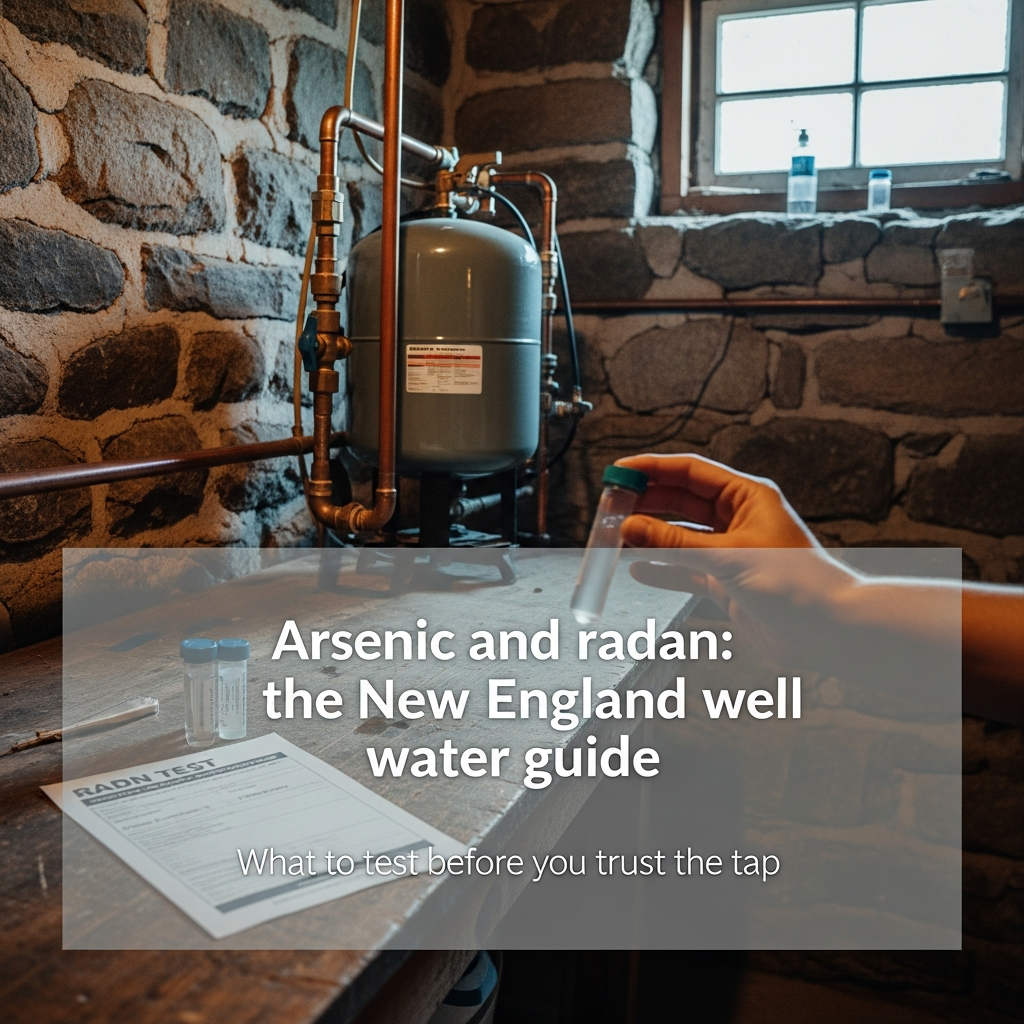 Water test kit and radon report on a workbench beside a well pressure tank in a New England basement