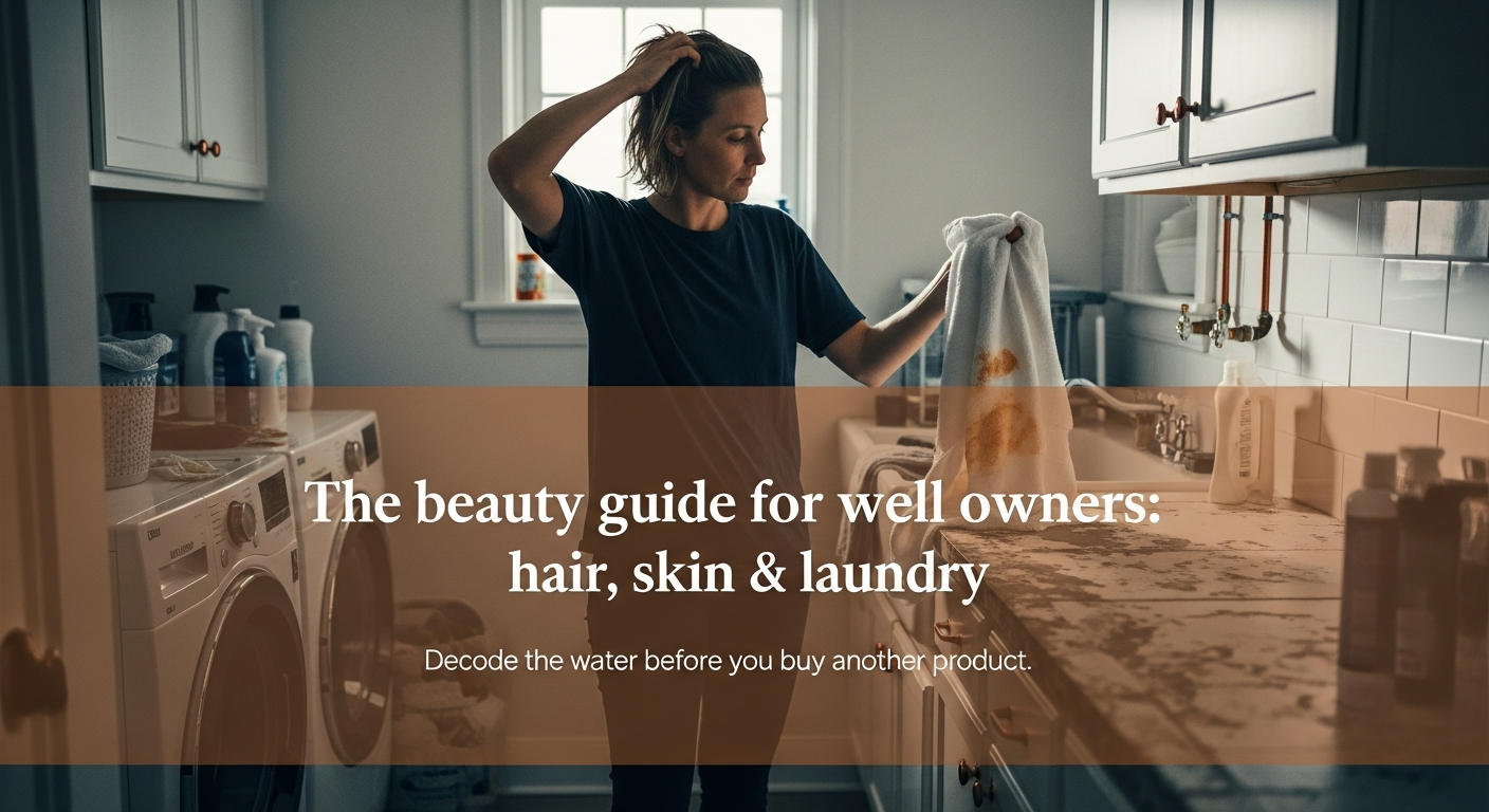 Woman checking dry hair beside white towels with orange well water stains in a home laundry room