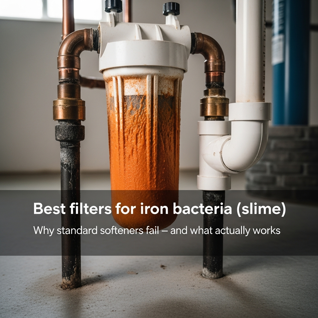 Orange slimy biofilm coating the inside of a well water pipe fitting in a utility room