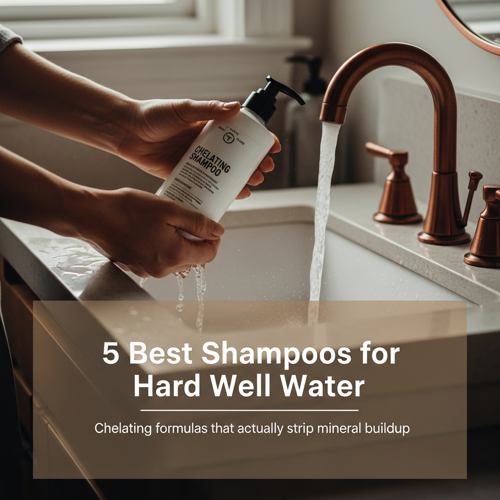 Hands holding a chelating shampoo bottle next to a bathroom sink with well water running