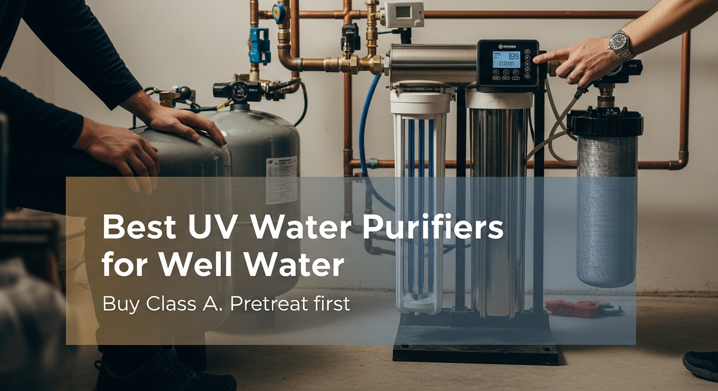 UV water purifier mounted beside a sediment filter and pressure tank on a residential well system