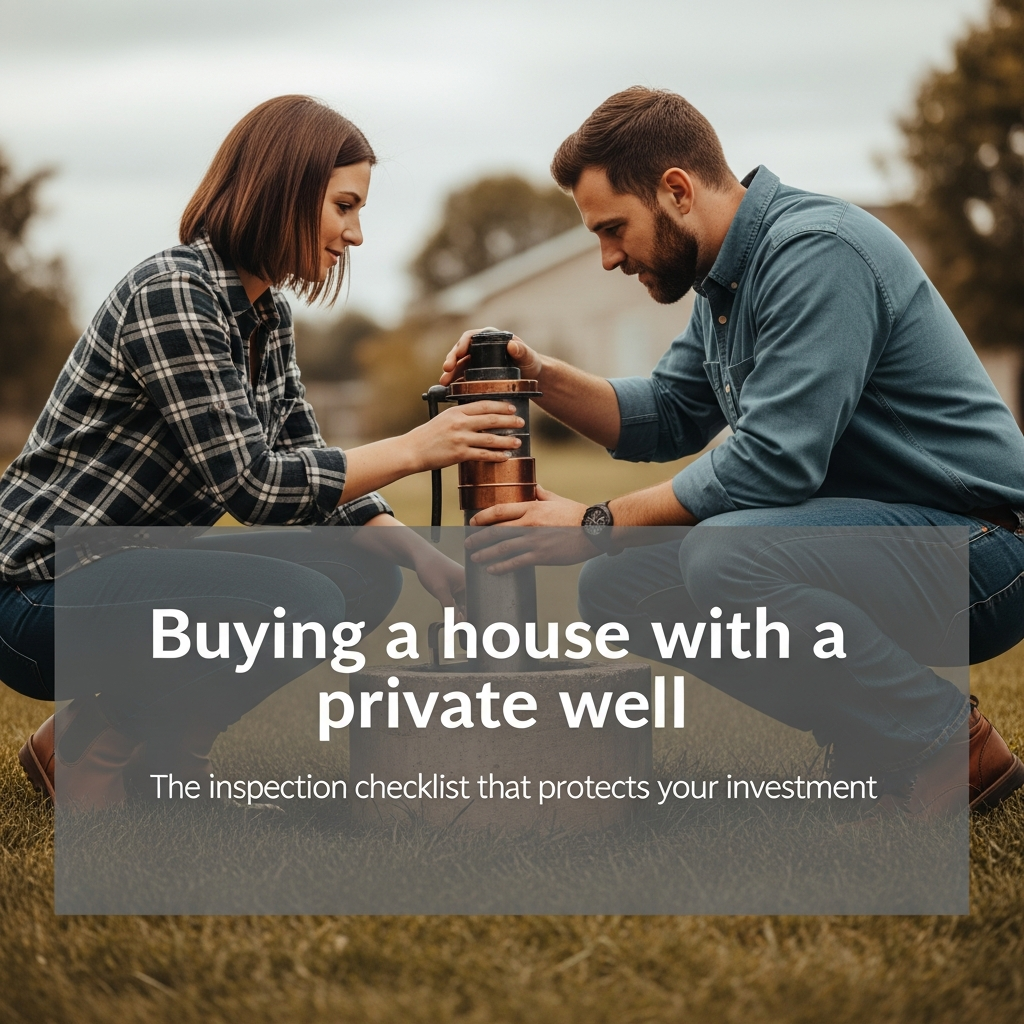 Homebuyer inspecting a wellhead and pressure gauge in a residential yard