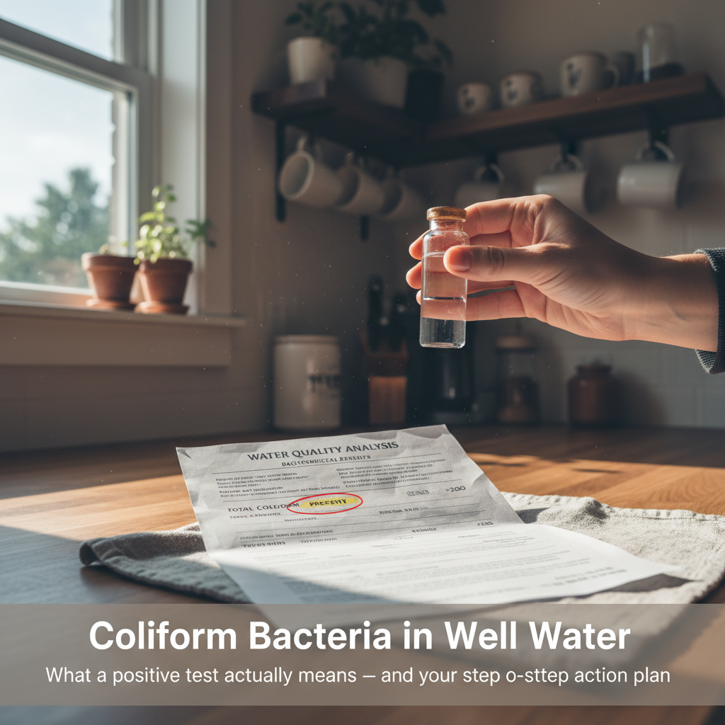 Well water sample vial held next to a lab test report showing coliform results