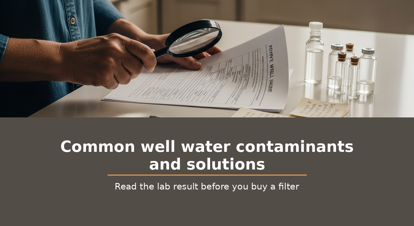 Hand holding a magnifying glass over a private well water test report beside sample vials on a kitchen counter