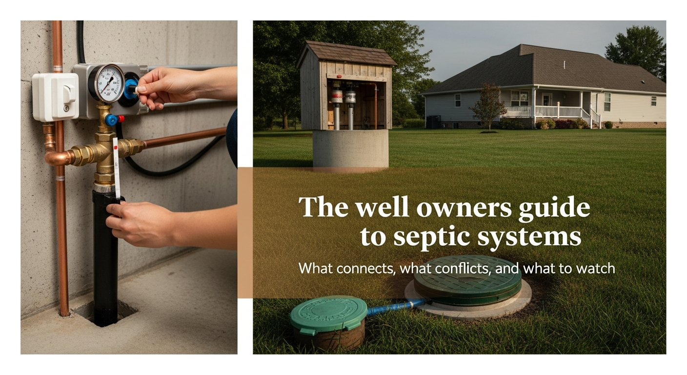 Residential yard with a well cap and septic system access lid visible in green grass