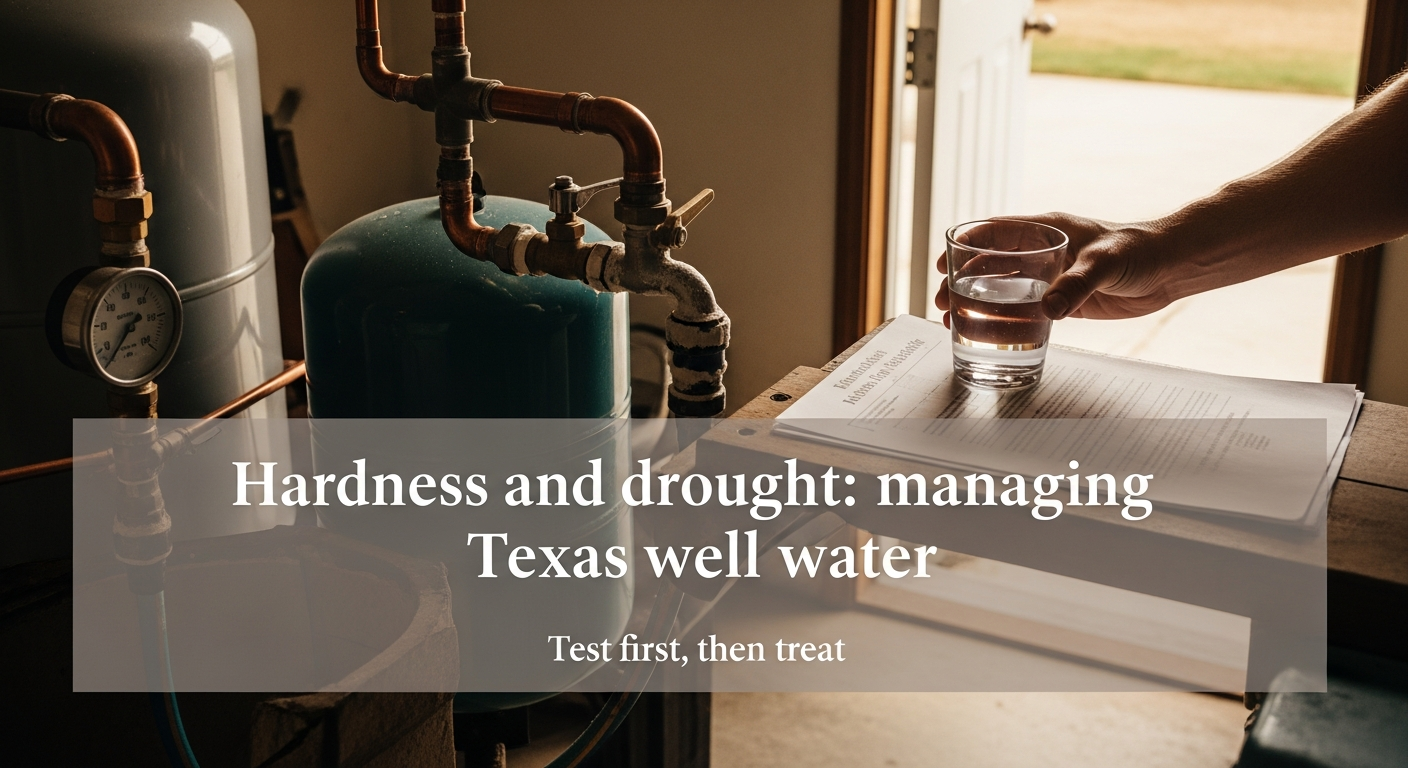 Texas well water sample beside a pressure tank in a garage utility room during a dry spell