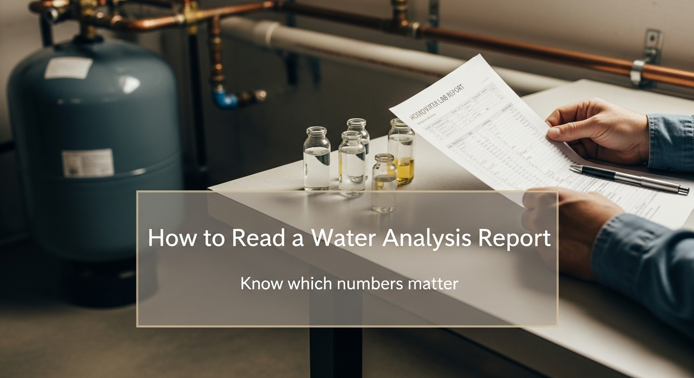Homeowner reviewing a well water lab report at a utility room workbench beside sample vials