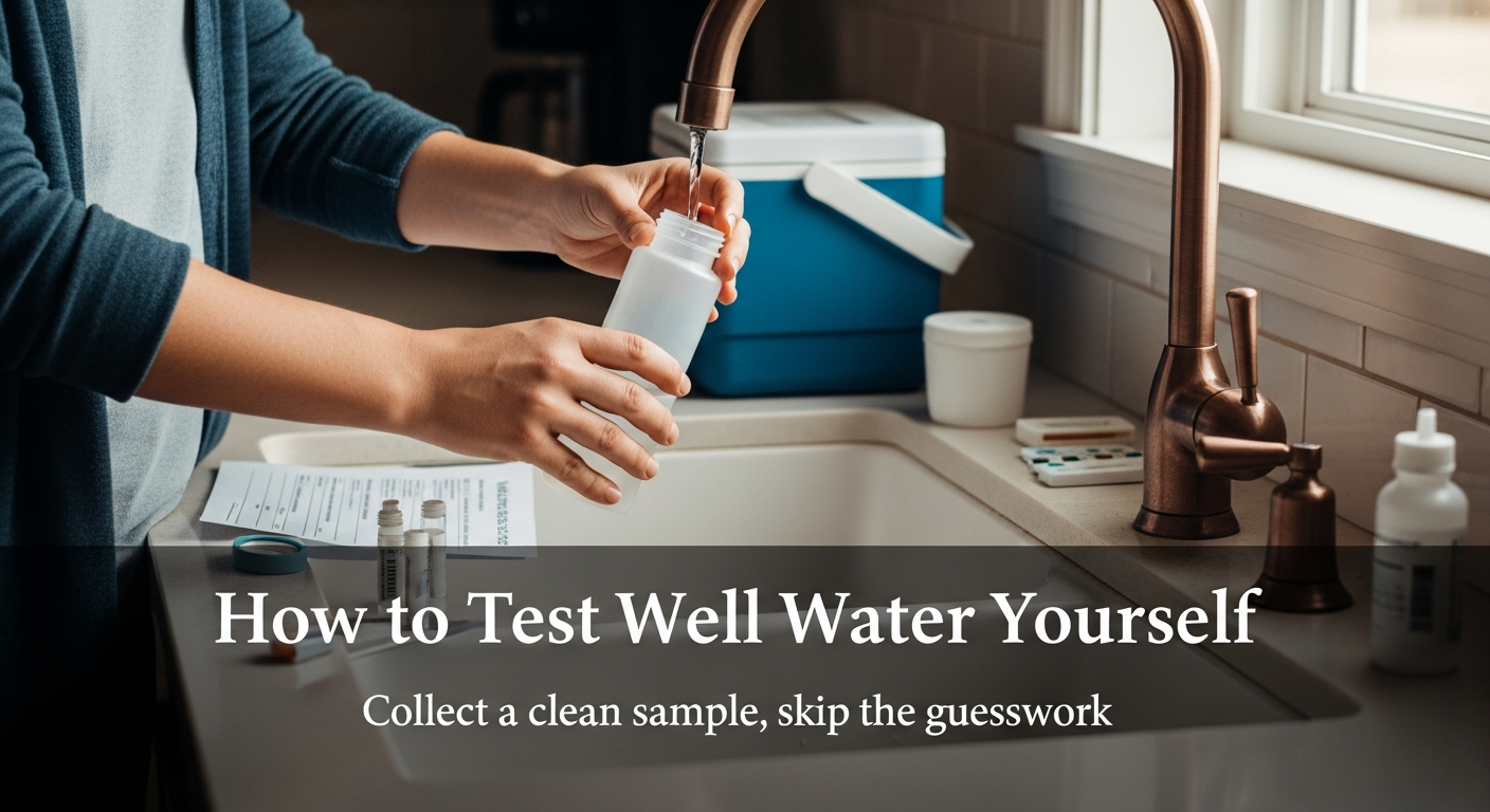 Hands filling a well water sample bottle at a kitchen faucet with test kit supplies nearby