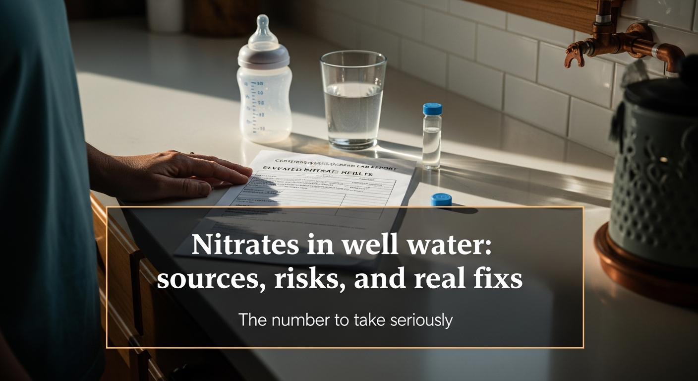 Well water nitrate lab report beside a baby bottle and a glass of tap water on a kitchen counter
