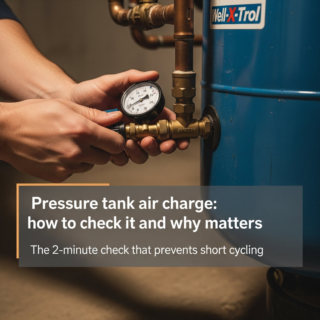 Tire gauge checking air charge on well pressure tank Schrader valve