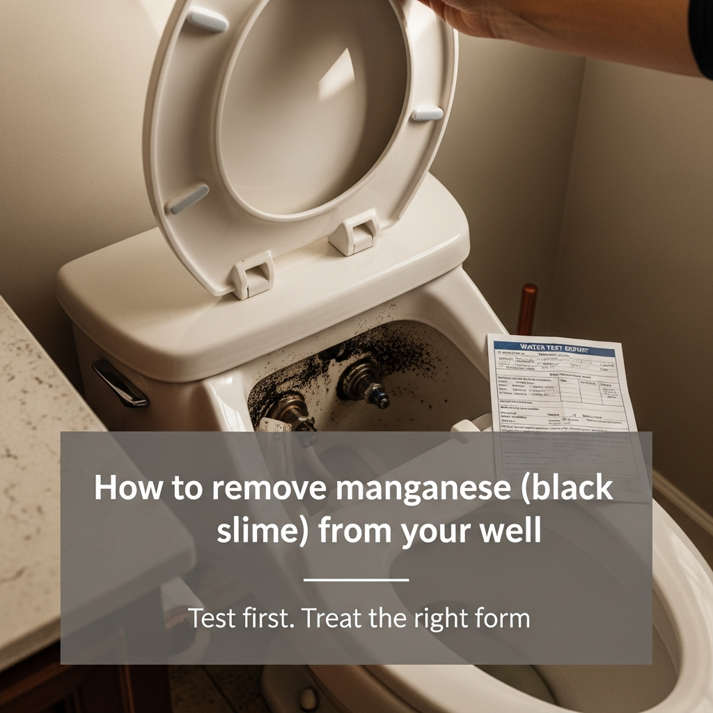 Open toilet tank with black manganese staining beside a water test report in a well-water bathroom