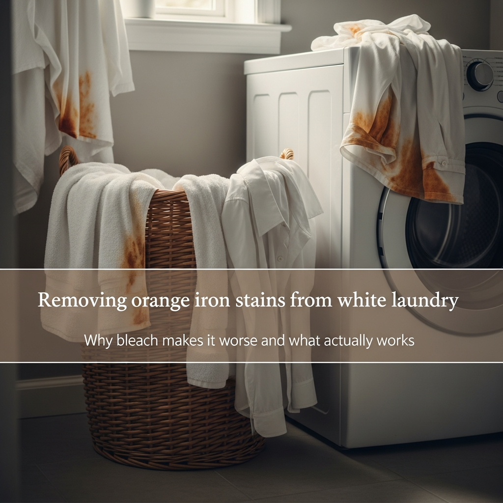 White towels with orange rust stains draped over a laundry basket near a washing machine