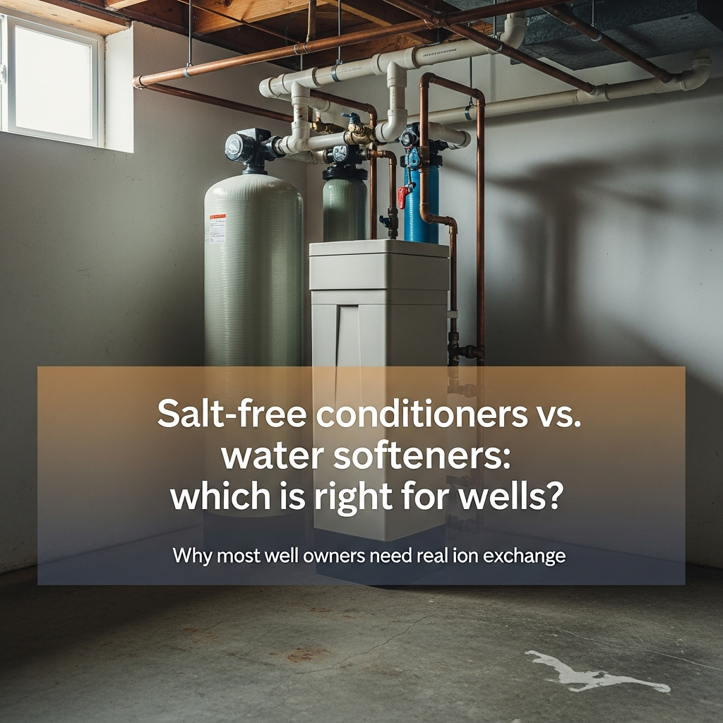 Water softener salt tank next to a salt-free conditioner unit in a residential utility room