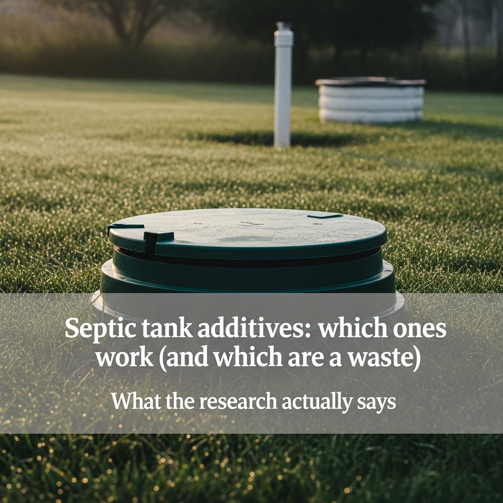 Residential septic tank access lid in a rural yard with grass and well casing visible