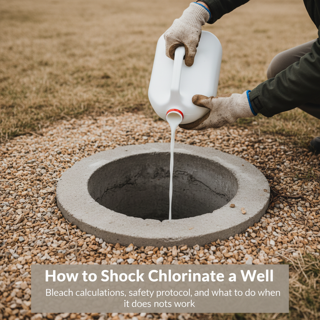 Pouring diluted bleach solution into an open well casing for shock chlorination
