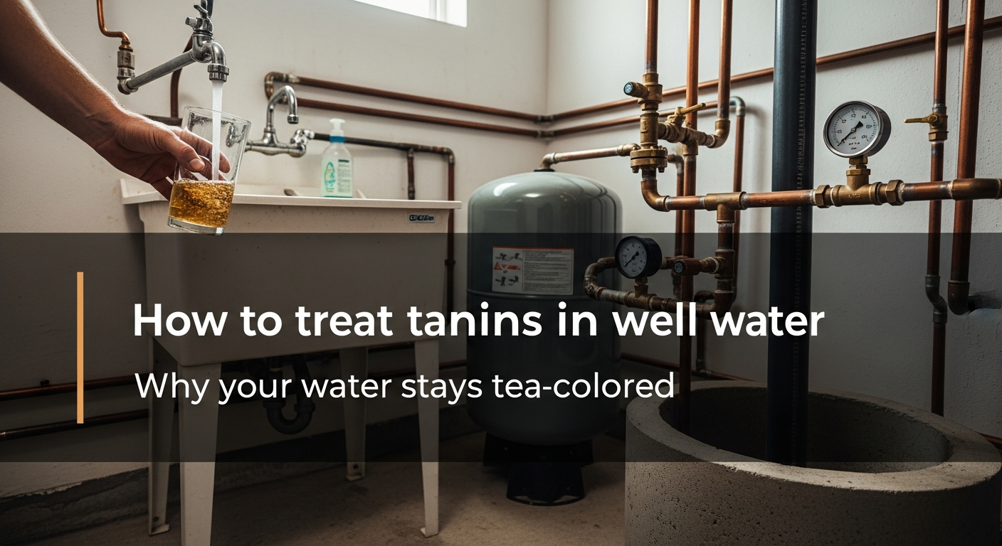 Tea-colored well water filling a clear glass beside a basement utility sink and pressure tank