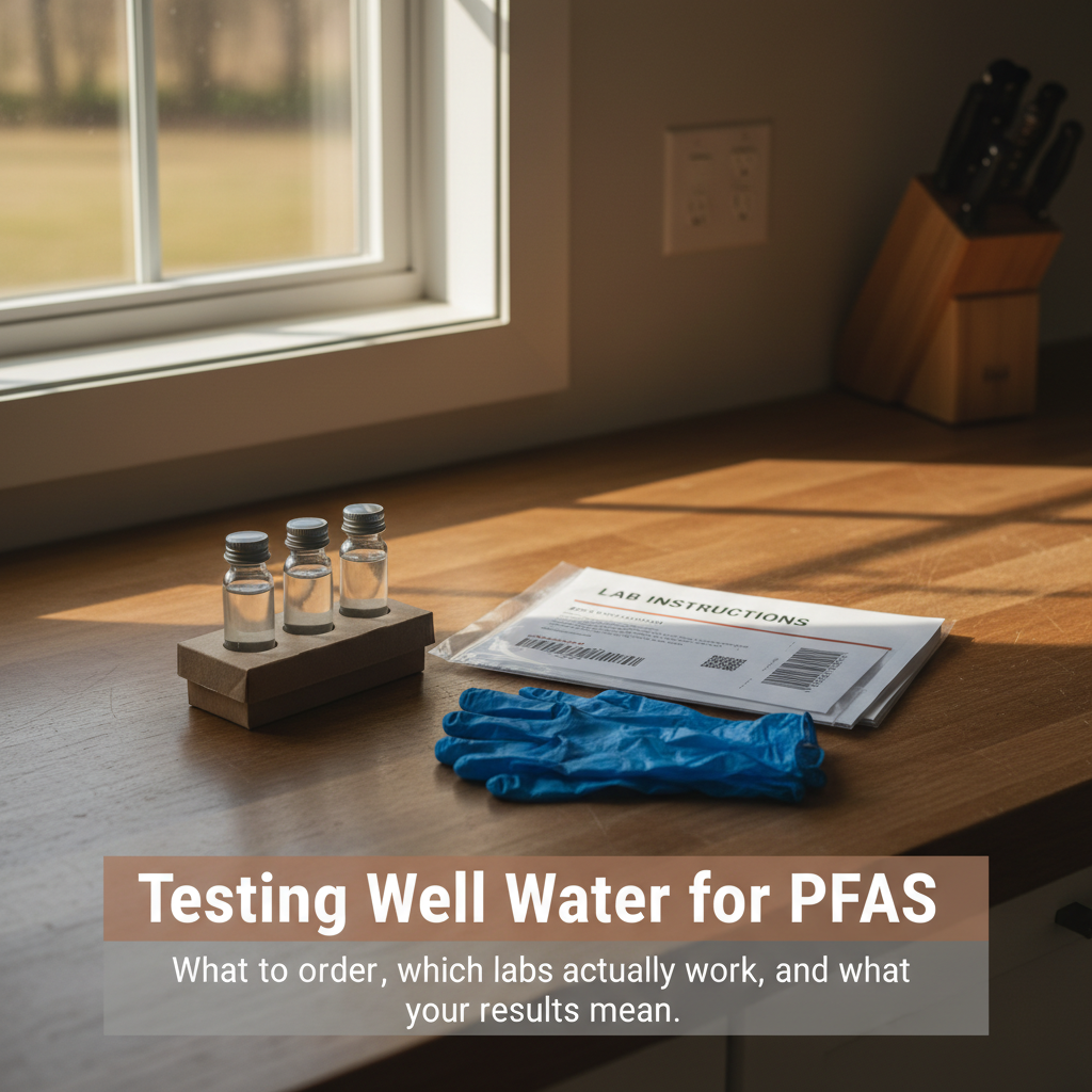 Water sample collection kit with vials and prepaid shipping label on a kitchen counter