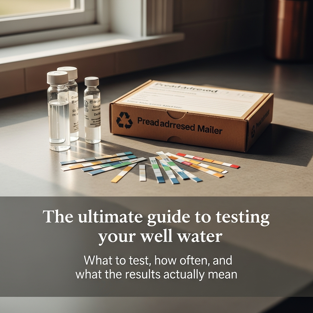 Water test kit with sample vials and pH strips laid out on a kitchen counter