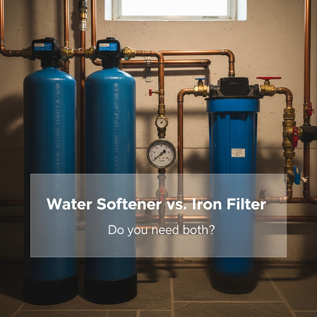 Water softener and iron filter tanks installed side by side in a basement utility room with copper plumbing