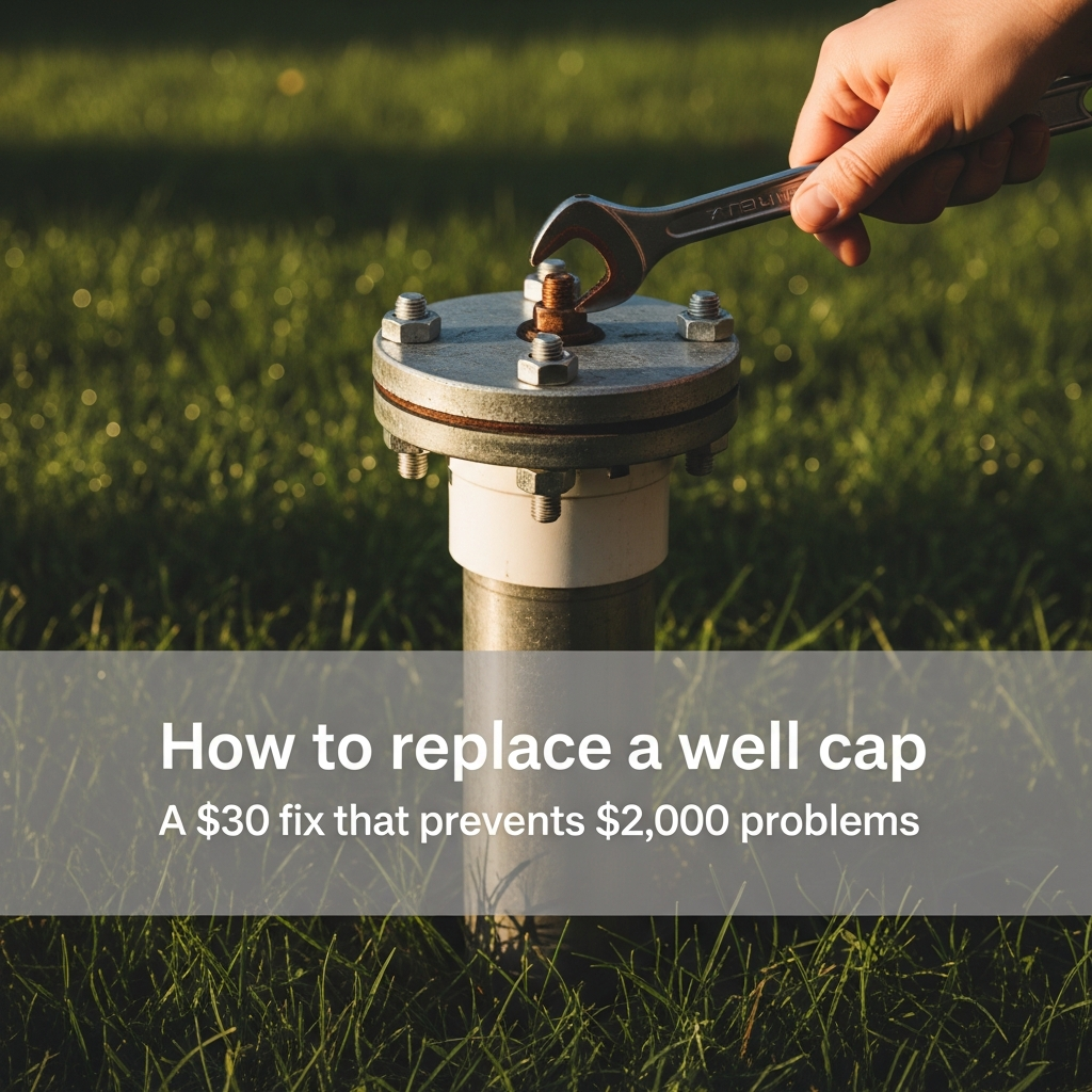 Residential well casing with a bolt-down sanitary well cap in a grassy yard