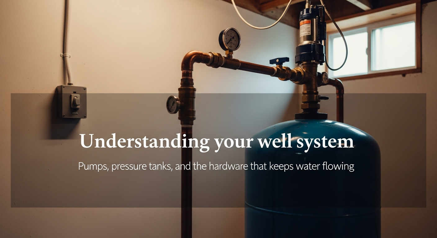 Pressure tank with copper piping and a pressure gauge in a residential basement