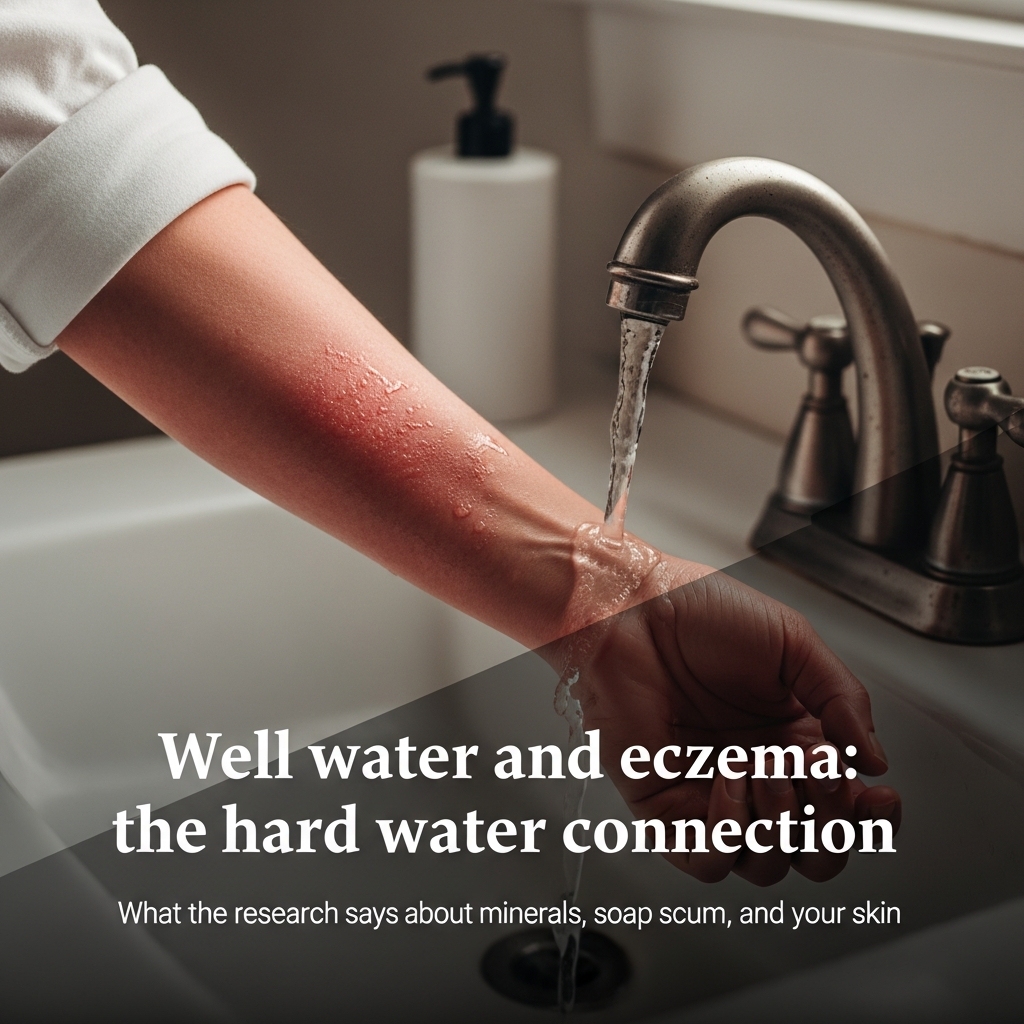 Close-up of dry, irritated skin on forearms next to a bathroom faucet with well water running