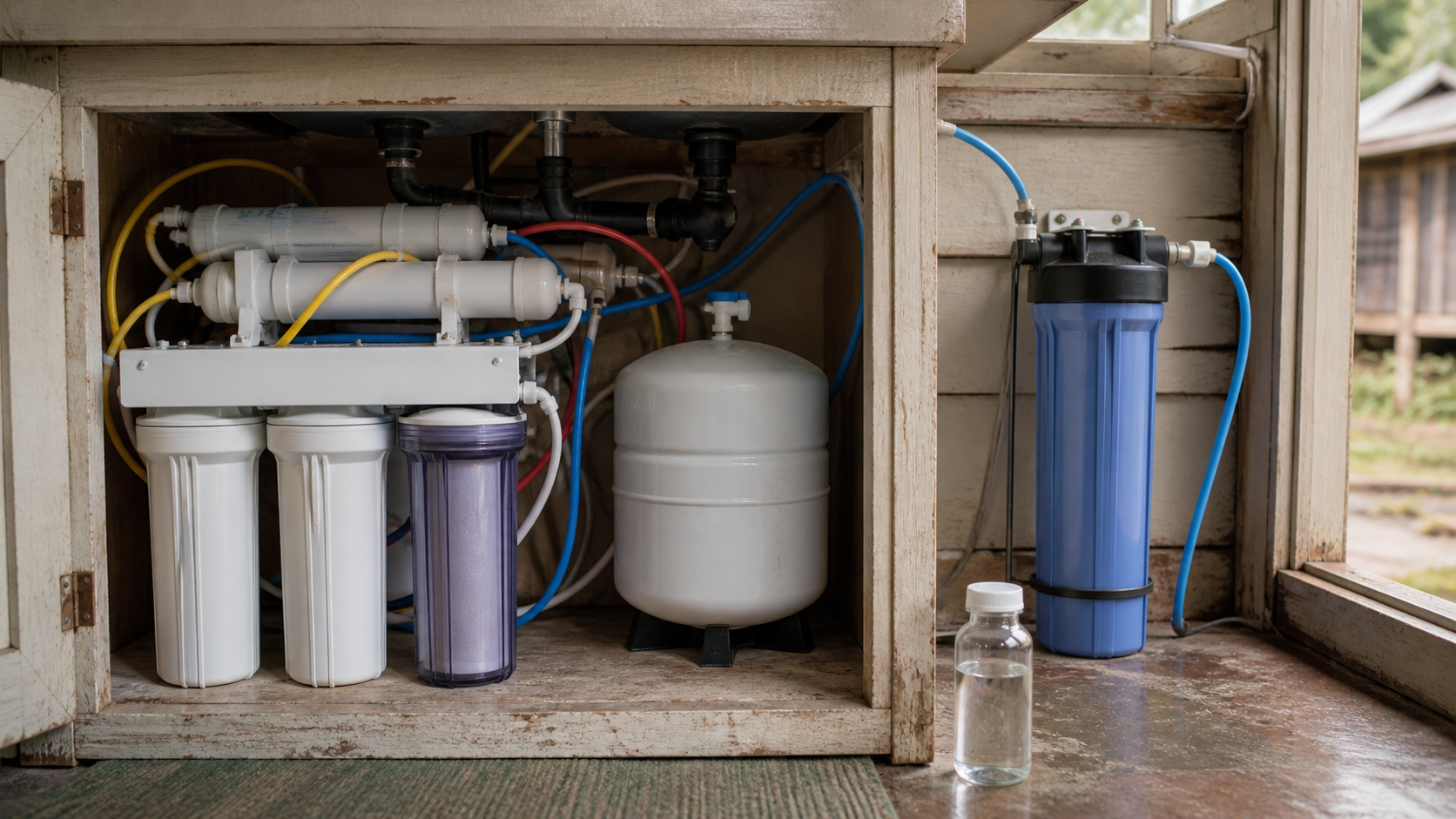 Illustration of under-cabinet reverse-osmosis filtration and a storage tank