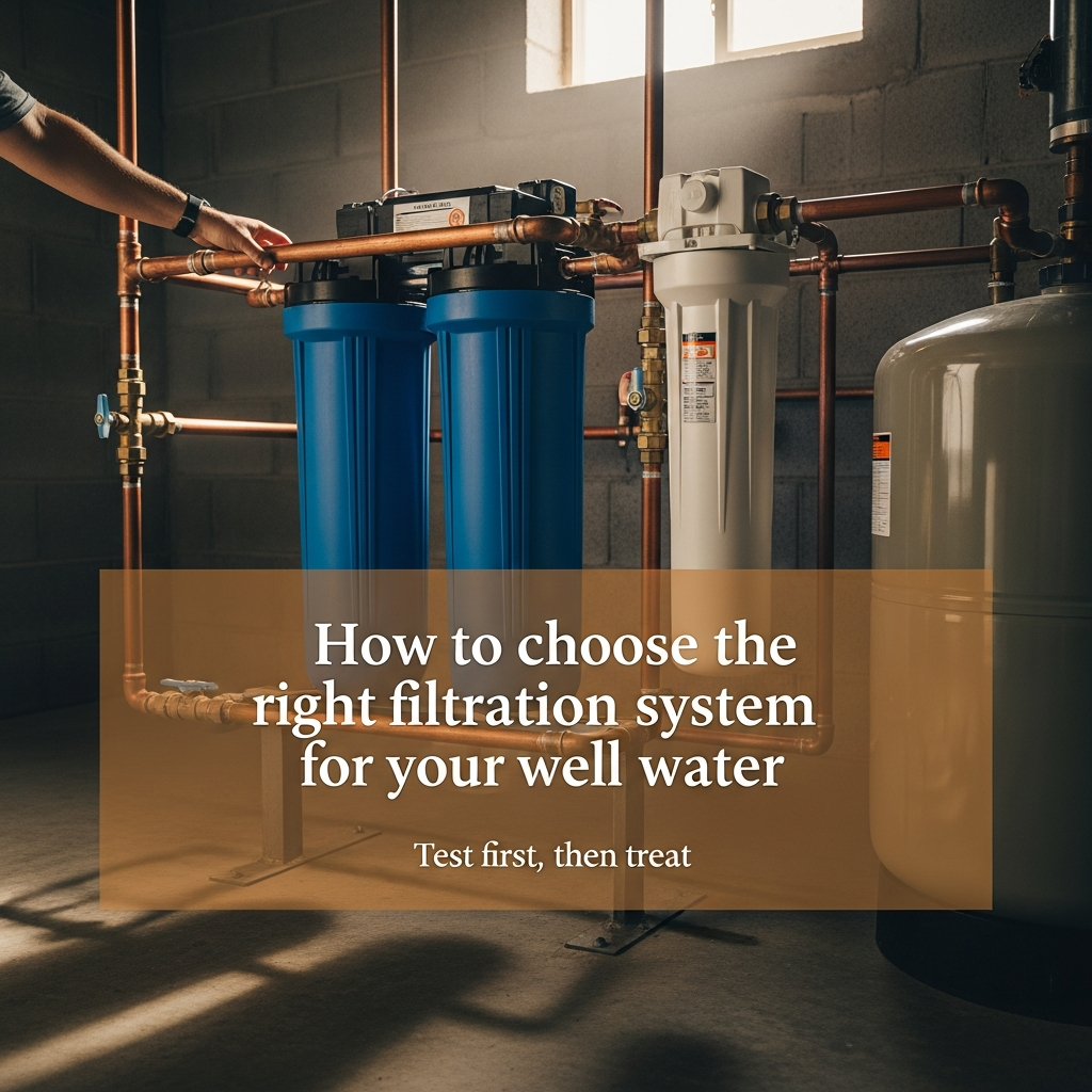 Whole-house water filtration system with blue tanks and sediment filter in a basement utility room