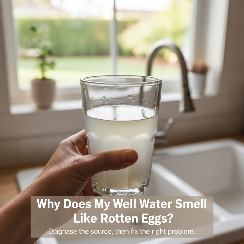 Glass of well water held up to light with visible cloudiness near a kitchen sink