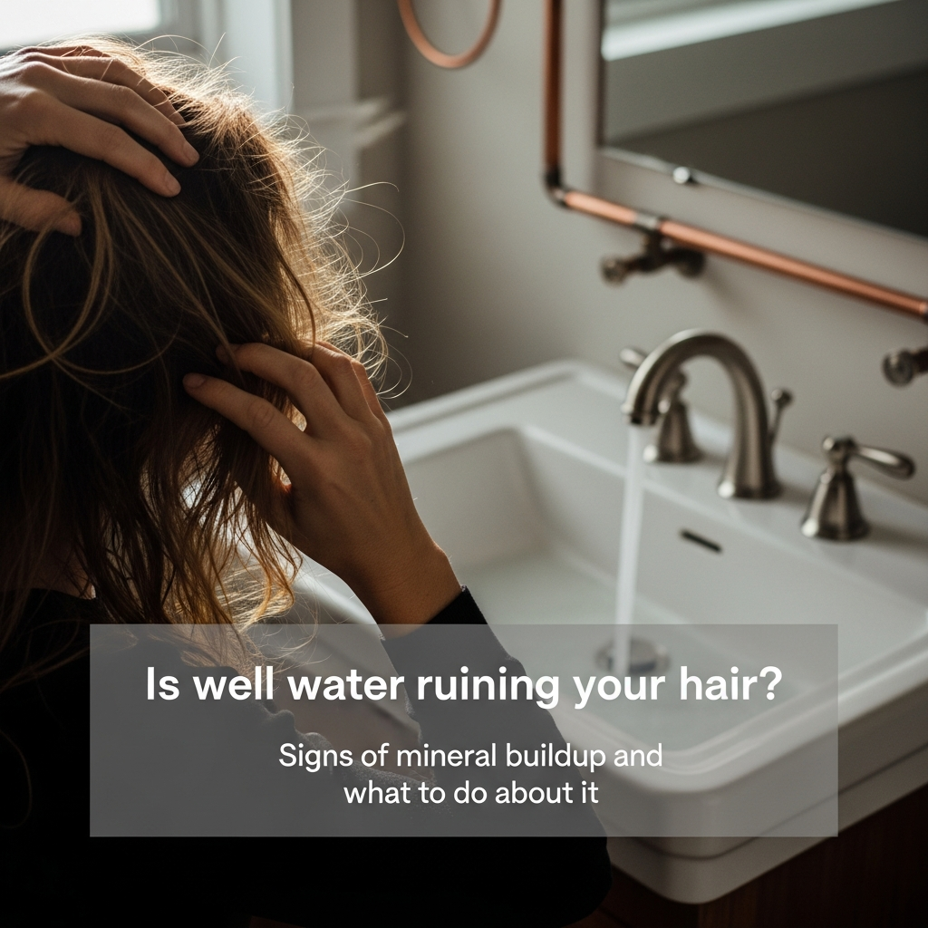 Woman examining dry, straw-textured hair near a bathroom sink with well water running
