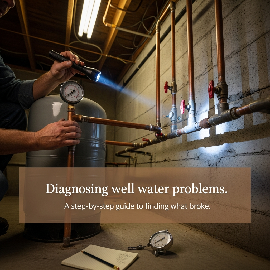 Homeowner checking a pressure gauge on a well system pressure tank in a basement utility room