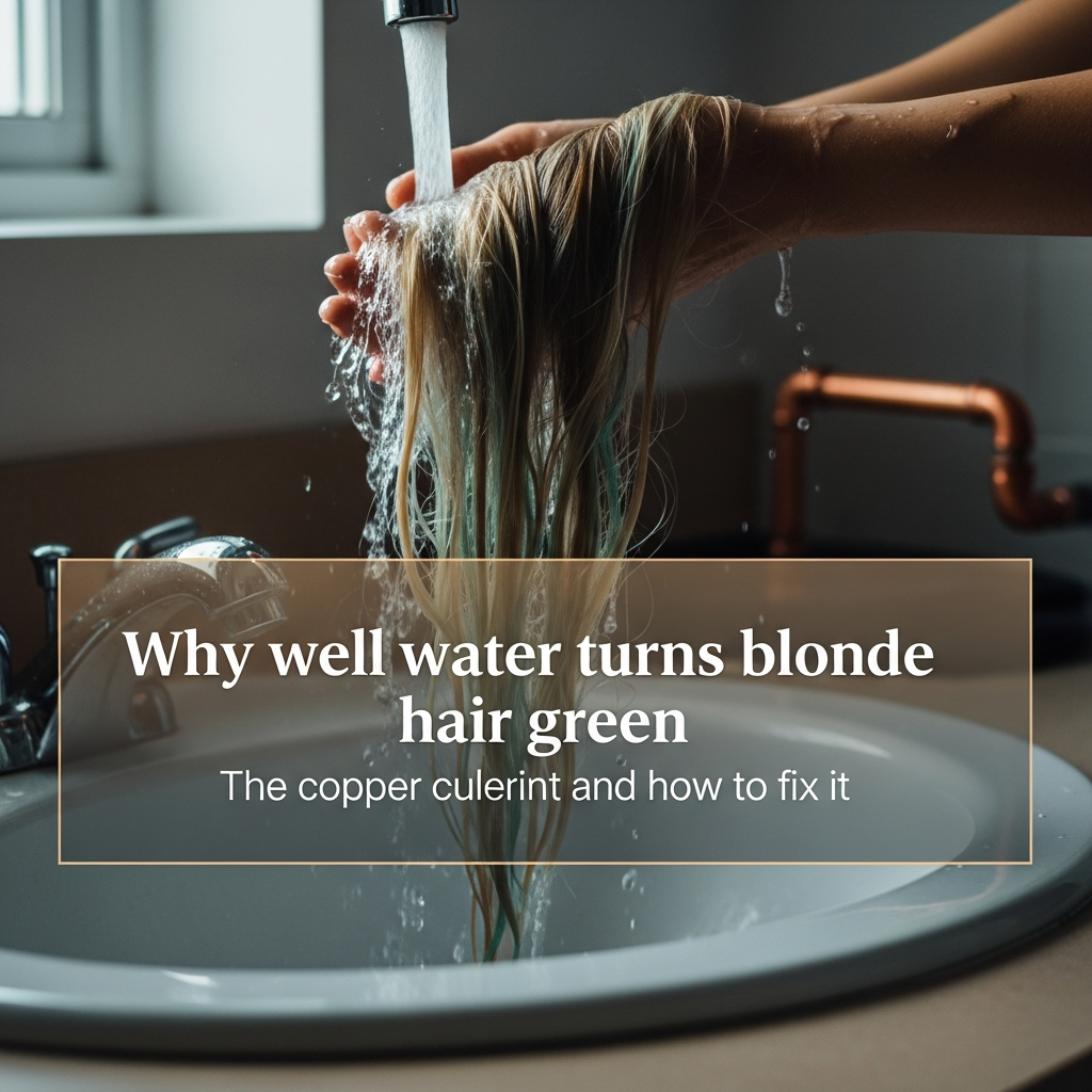 Blonde hair with faint green tint held under bathroom faucet running well water