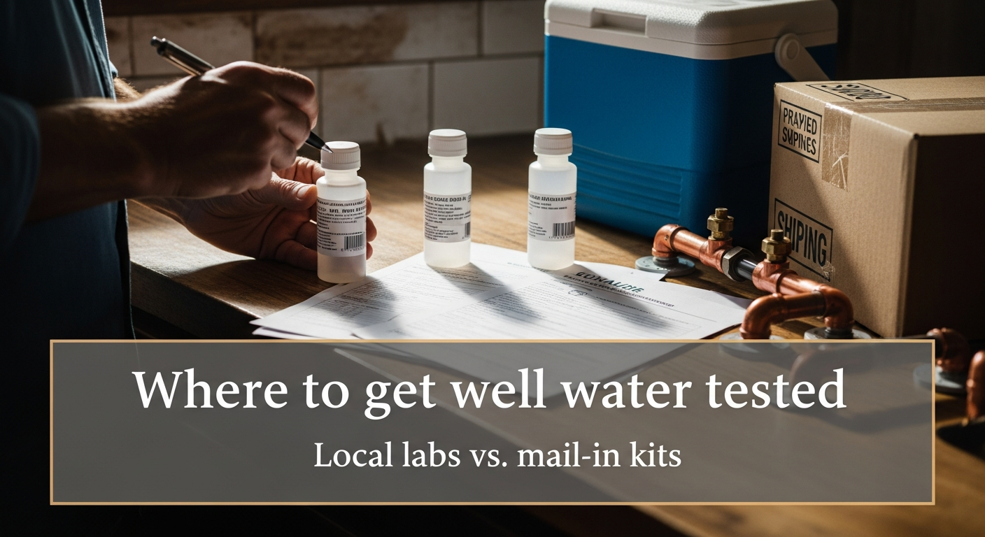 Well water sample bottles, cooler, and submission form on a kitchen counter